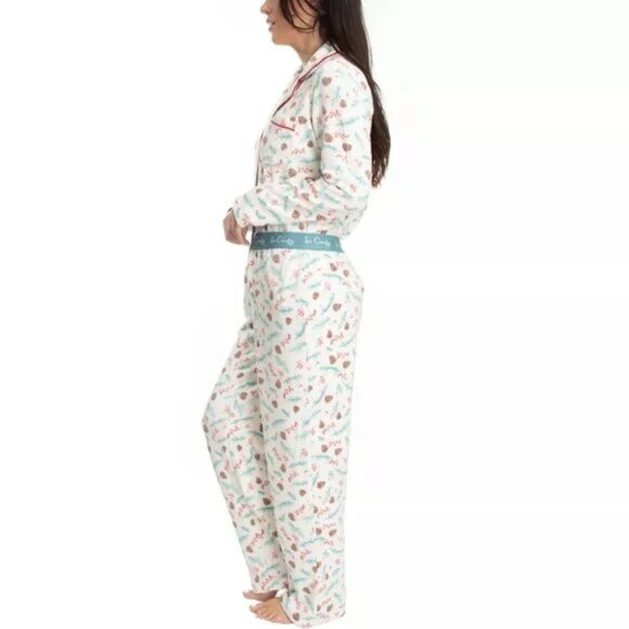 Hanes Comfort Sleep White Green Fleece Pinecone Winter Holiday Pajama Set - Picture 2 of 8